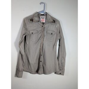 Womens Button Down Roar‎ Rhinestone Tribal Wave Beige Gray Shirt Size Medium